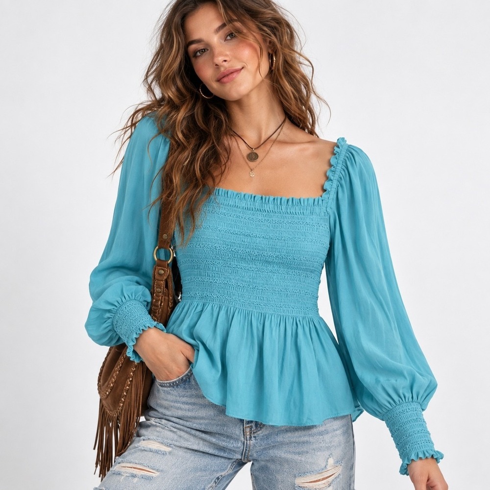 Boston Proper Teal Smocked Peplum Blouse Puff Sleeve Boho Romantic Top S